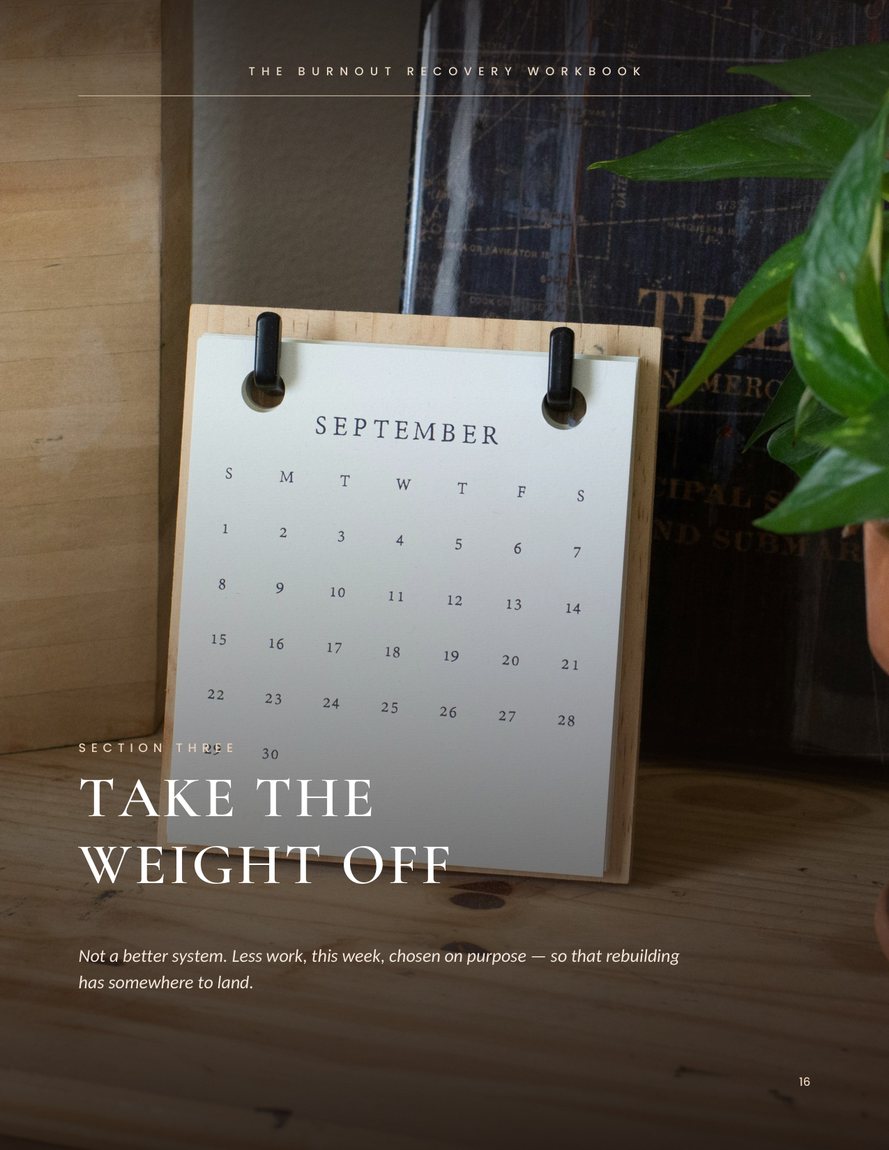 Section opener page: Take the weight off, with a desk calendar and a plant